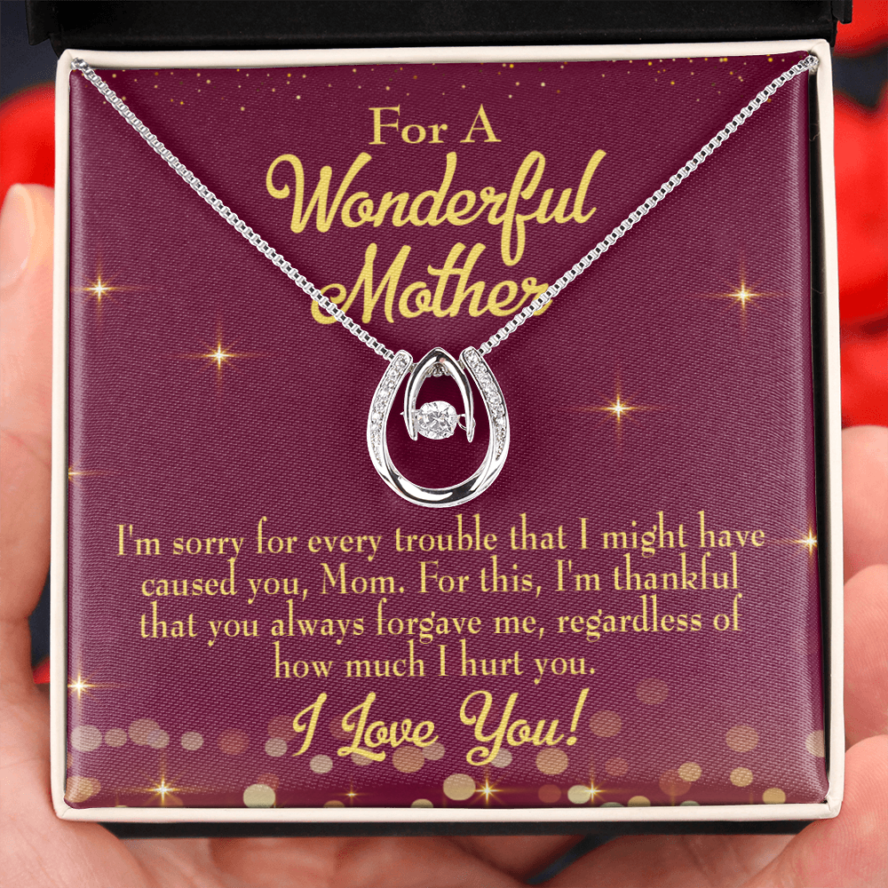 Mother Sorry Lucky Horseshoe Necklace Message Card 14k w CZ Crystals-Express Your Love Gifts