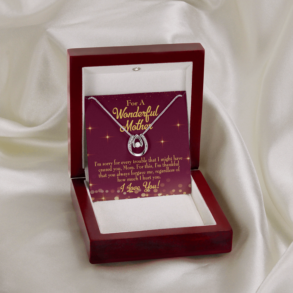 Mother Sorry Lucky Horseshoe Necklace Message Card 14k w CZ Crystals-Express Your Love Gifts