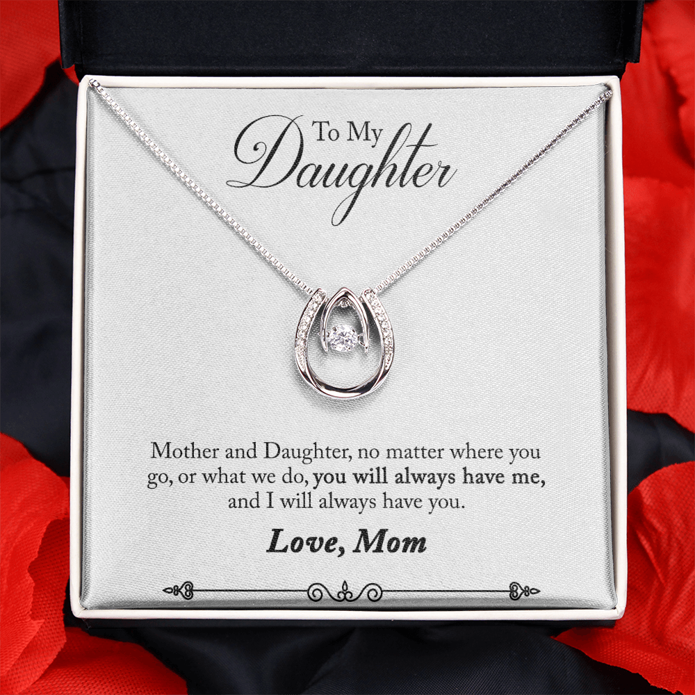 Mother to Daughter Always have Me Lucky Horseshoe Necklace Message Card 14k w CZ Crystals-Express Your Love Gifts