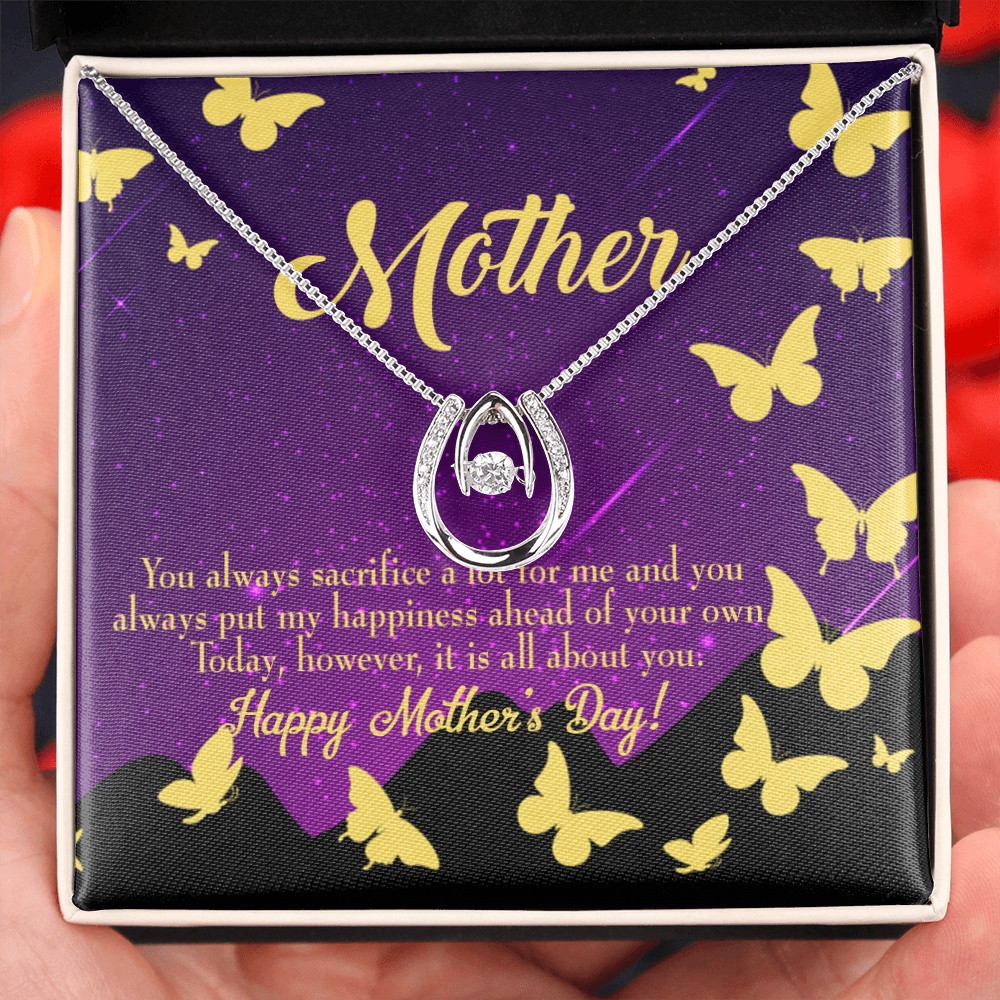 Mother You Always Sacrifice Lucky Horseshoe Necklace Message Card 14k w CZ Crystals-Express Your Love Gifts