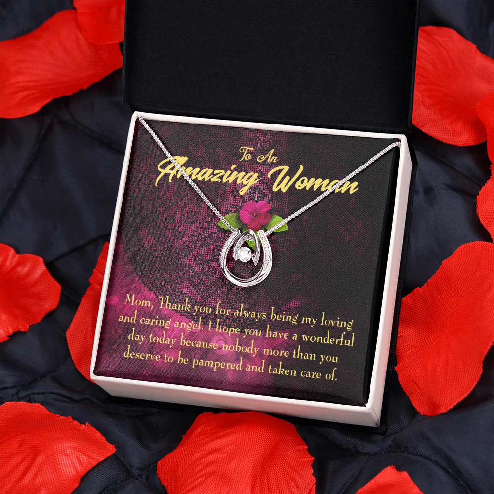 Mother You Deserve the Pampering Lucky Horseshoe Necklace Message Card 14k w CZ Crystals-Express Your Love Gifts