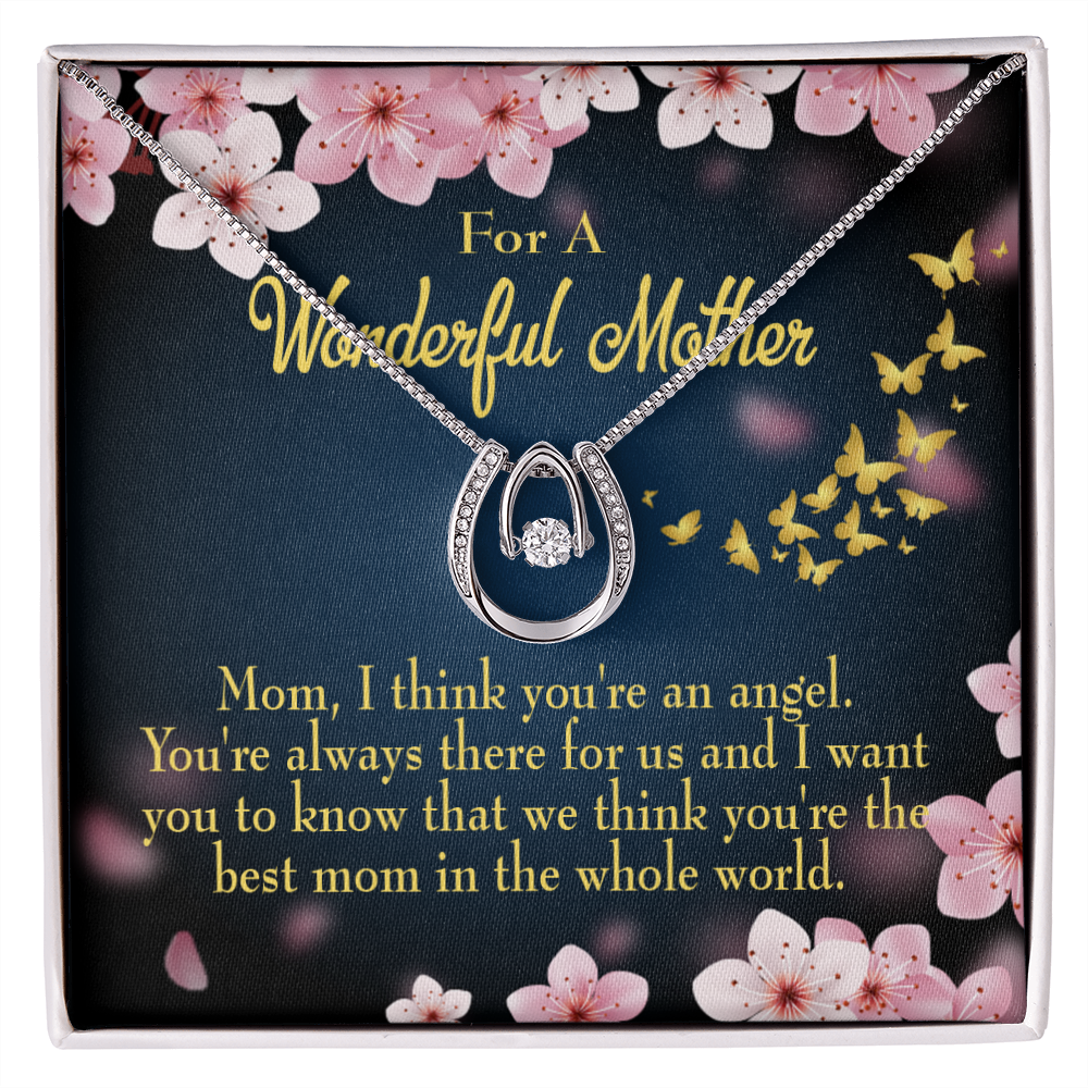 Mother You&#39;re an Angel Lucky Horseshoe Necklace Message Card 14k w CZ Crystals-Express Your Love Gifts