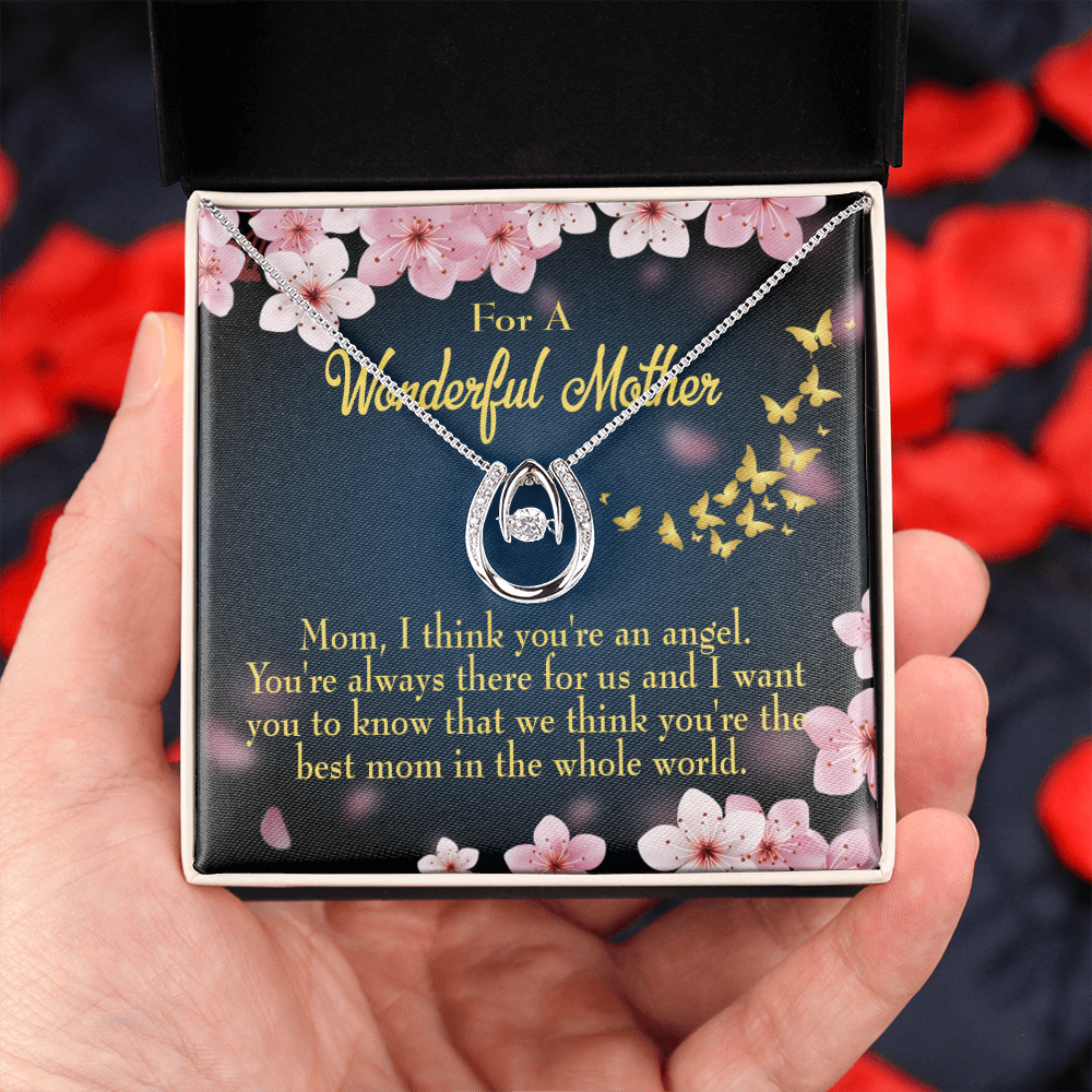 Mother You're an Angel Lucky Horseshoe Necklace Message Card 14k w CZ Crystals-Express Your Love Gifts