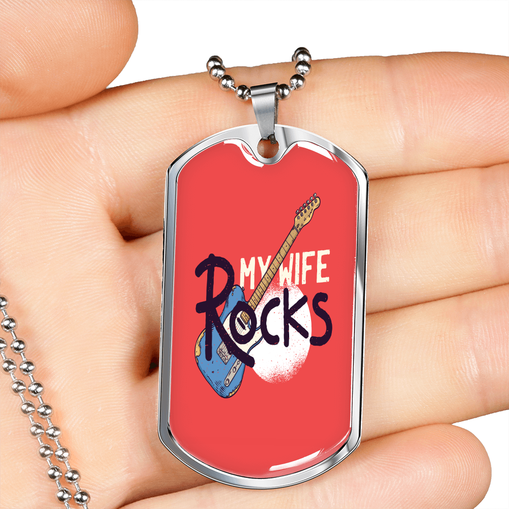 Musician Necklace My Wife Rocks Necklace Stainless Steel or 18k Gold Dog Tag 24" Chain-Express Your Love Gifts