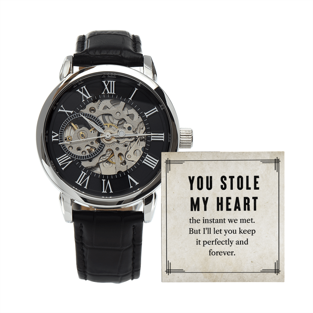 My Man You Stole My Heart Men&#39;s Openwork Watch With Message Card in Mahogany Box-Express Your Love Gifts