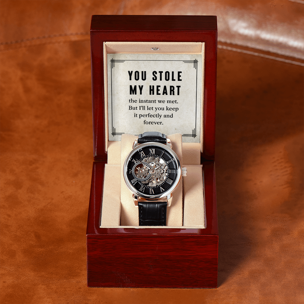 My Man You Stole My Heart Men's Openwork Watch With Message Card in Mahogany Box-Express Your Love Gifts