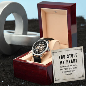 My Man You Stole My Heart Men's Openwork Watch With Message Card in Mahogany Box-Express Your Love Gifts
