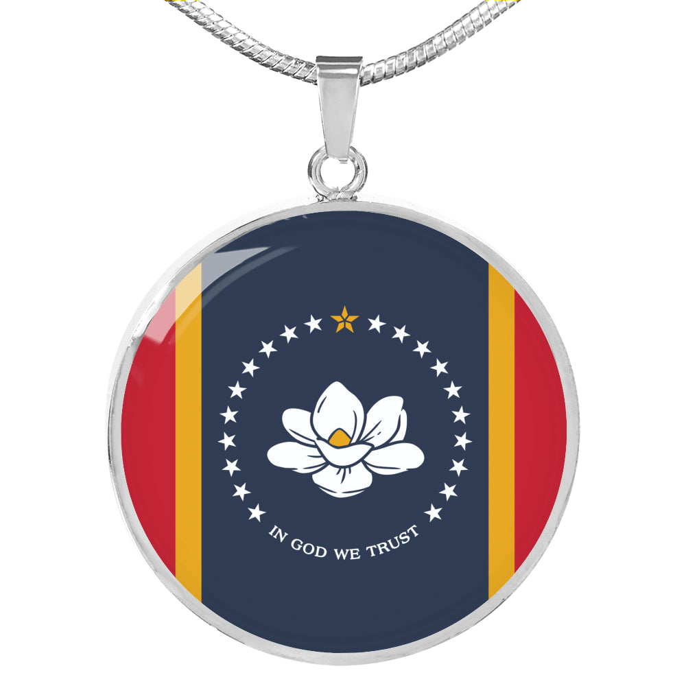 New Mississippi Magnolia Flag Circle Necklace Stainless Steel or 18k Gold 18-22"-Express Your Love Gifts