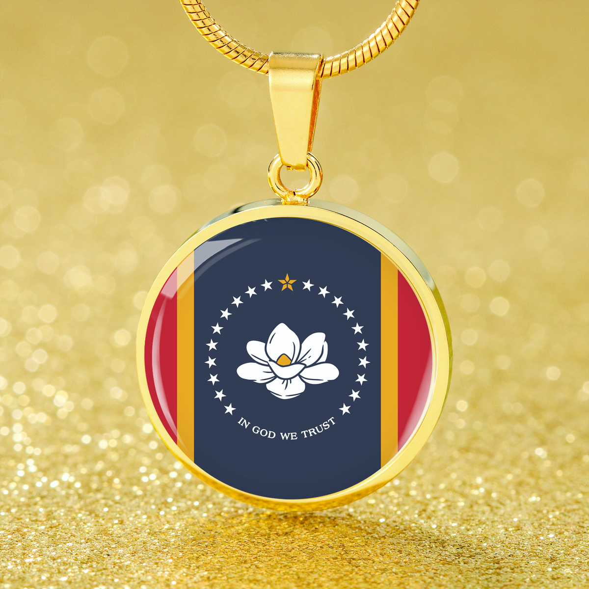 New Mississippi Magnolia Flag Circle Necklace Stainless Steel or 18k Gold 18-22"-Express Your Love Gifts