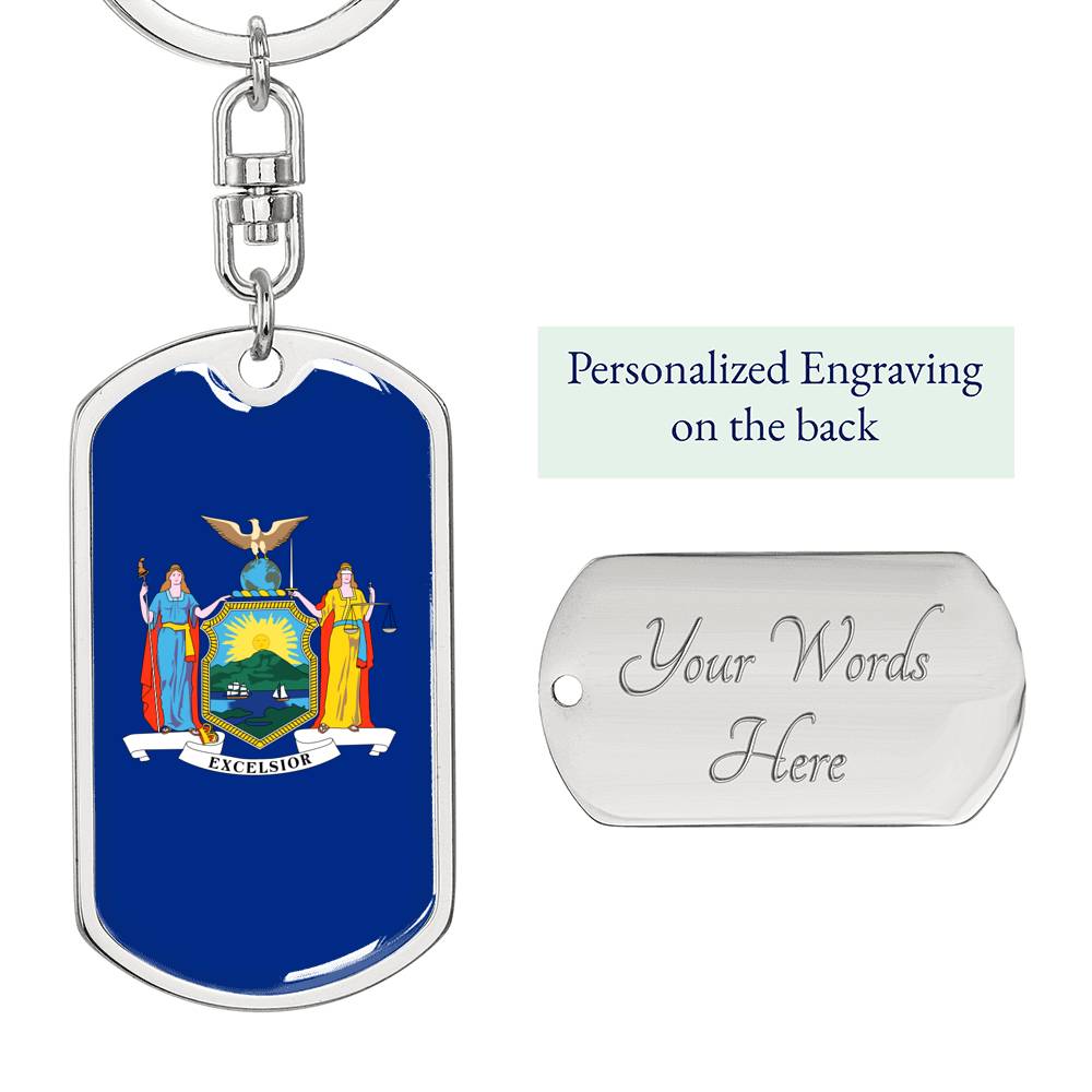 New York State Flag Keychain Dog Tag Stainless Steel or 18k Gold-Express Your Love Gifts