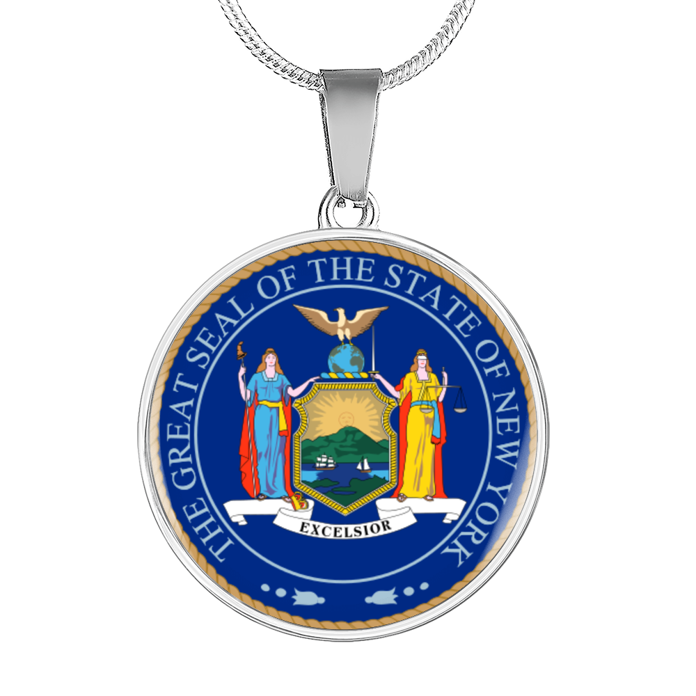 New York State Seal Necklace Circle Pendant Stainless Steel or 18k Gold 18-22"-Express Your Love Gifts
