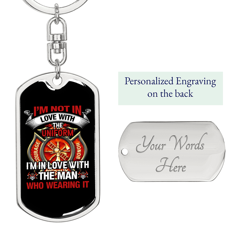 Not In Uniform Firefighter Keychain Stainless Steel or 18k Gold Dog Tag Keyring-Express Your Love Gifts