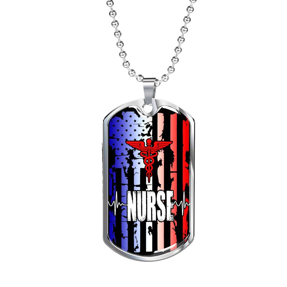 Nurse Gift Patriotic Nurse Stainless Steel or 18k Gold Dog Tag W 24"-Express Your Love Gifts