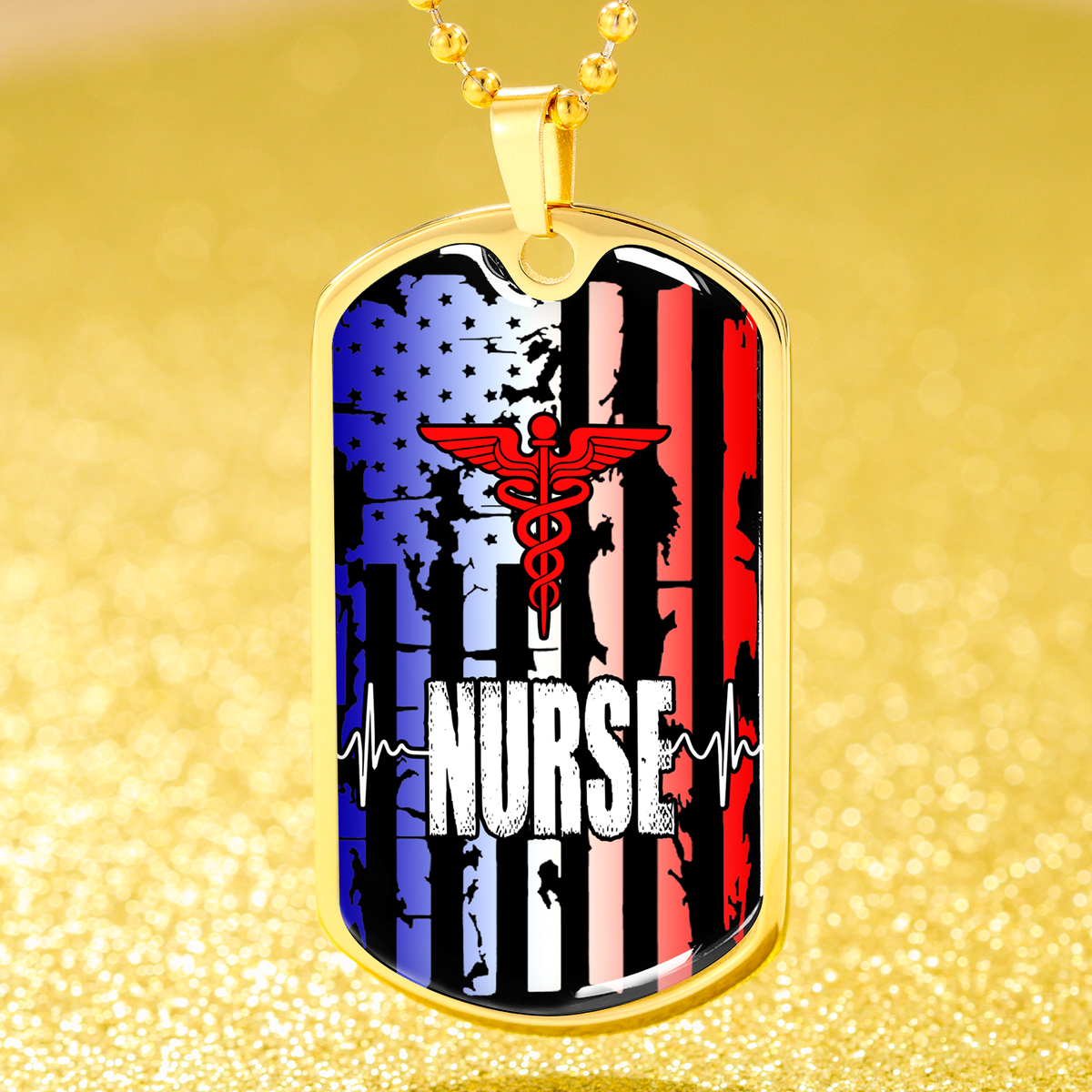 Nurse Gift Patriotic Nurse Stainless Steel or 18k Gold Dog Tag W 24"-Express Your Love Gifts