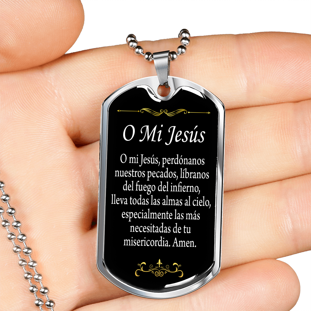 O My Jesús Spanish Dog Tag Stainless Steel or 18k Gold 24" Chain-Express Your Love Gifts