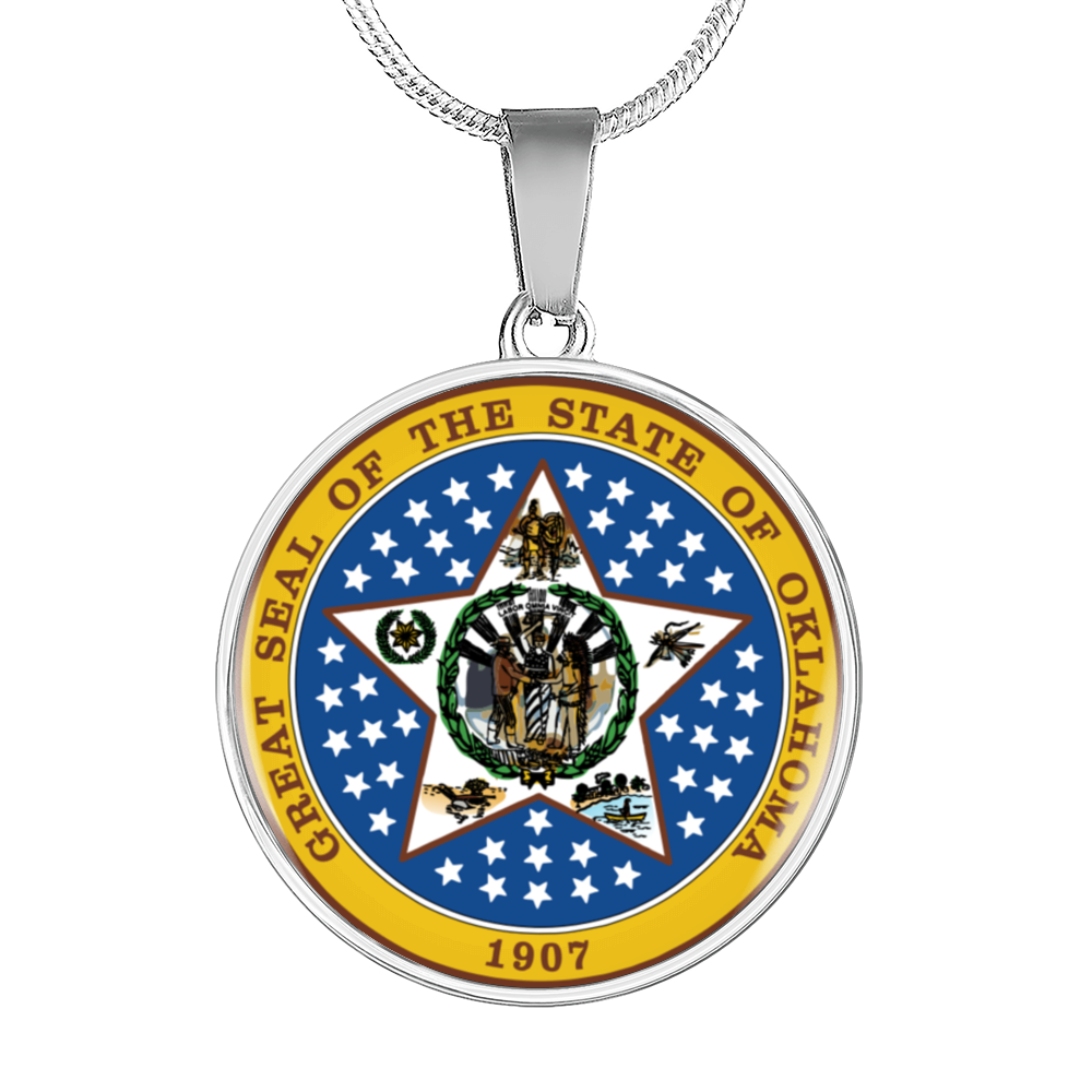 Oklahoma State Seal Necklace Circle Pendant Stainless Steel or 18k Gold 18-22"-Express Your Love Gifts