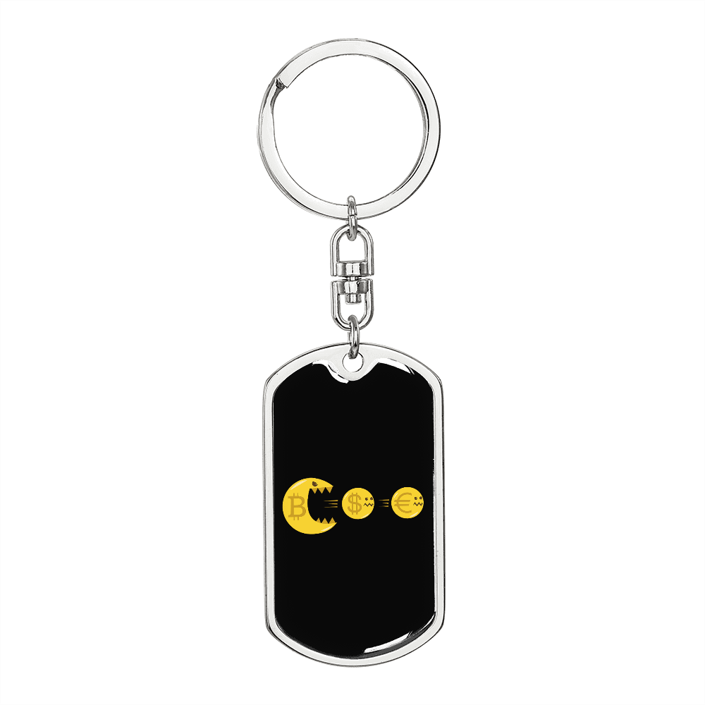 PacMan Bitcoin Dollar Euro Crypto Keychain Stainless Steel or 18k Gold Dog Tag Keyring-Express Your Love Gifts