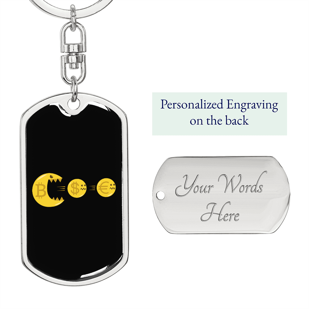 PacMan Bitcoin Dollar Euro Crypto Keychain Stainless Steel or 18k Gold Dog Tag Keyring-Express Your Love Gifts