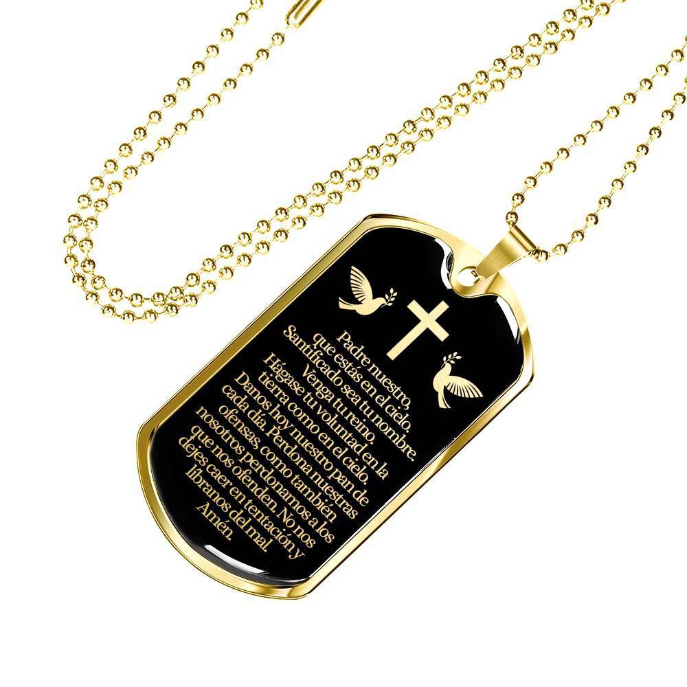 Padre Nuestro! Our Father Spanish Stainless Steel 18k Gold Dog Tag 24" Chain-Express Your Love Gifts