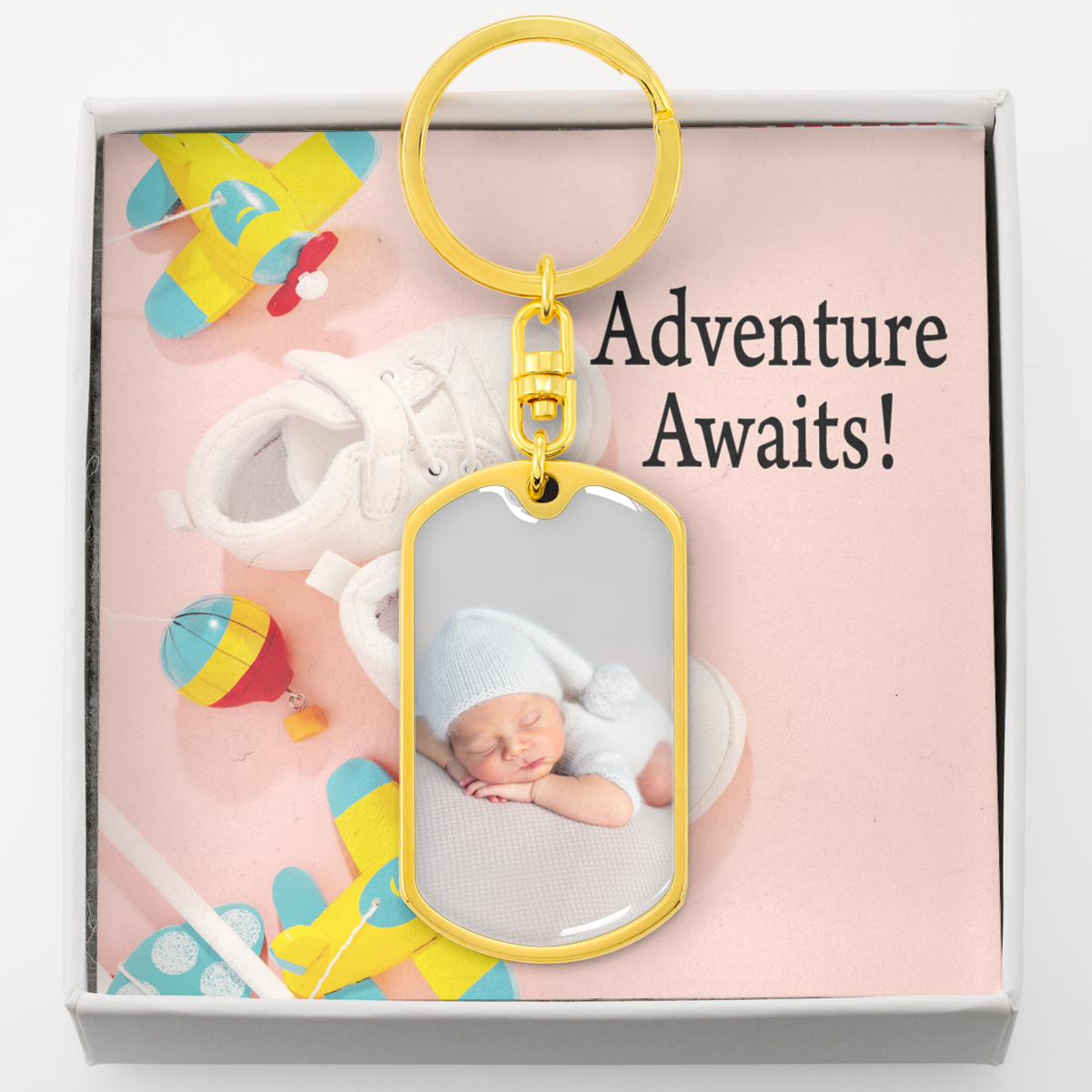 Personalized Expecting Mother Adventure Awaits Pregnancy Message Dog Tag Pendant Keychain Stainless Steel or 18k Gold-Express Your Love Gifts