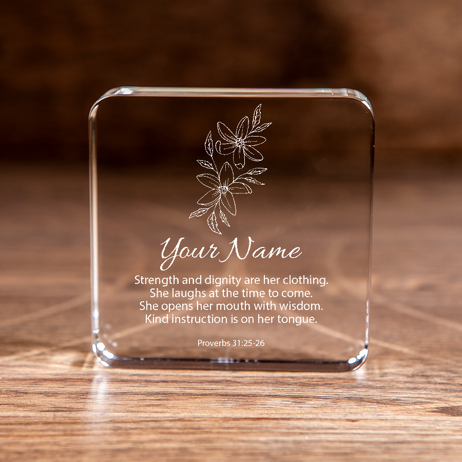 Proverbs 31:25-26 Strength and Dignity Large Square Crystal Paperweight Personalized Christian Gift-Express Your Love Gifts