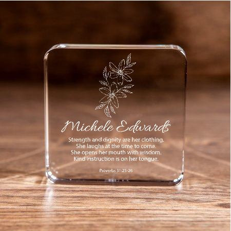 Proverbs 31:25-26 Strength and Dignity Large Square Crystal Paperweight Personalized Christian Gift-Express Your Love Gifts