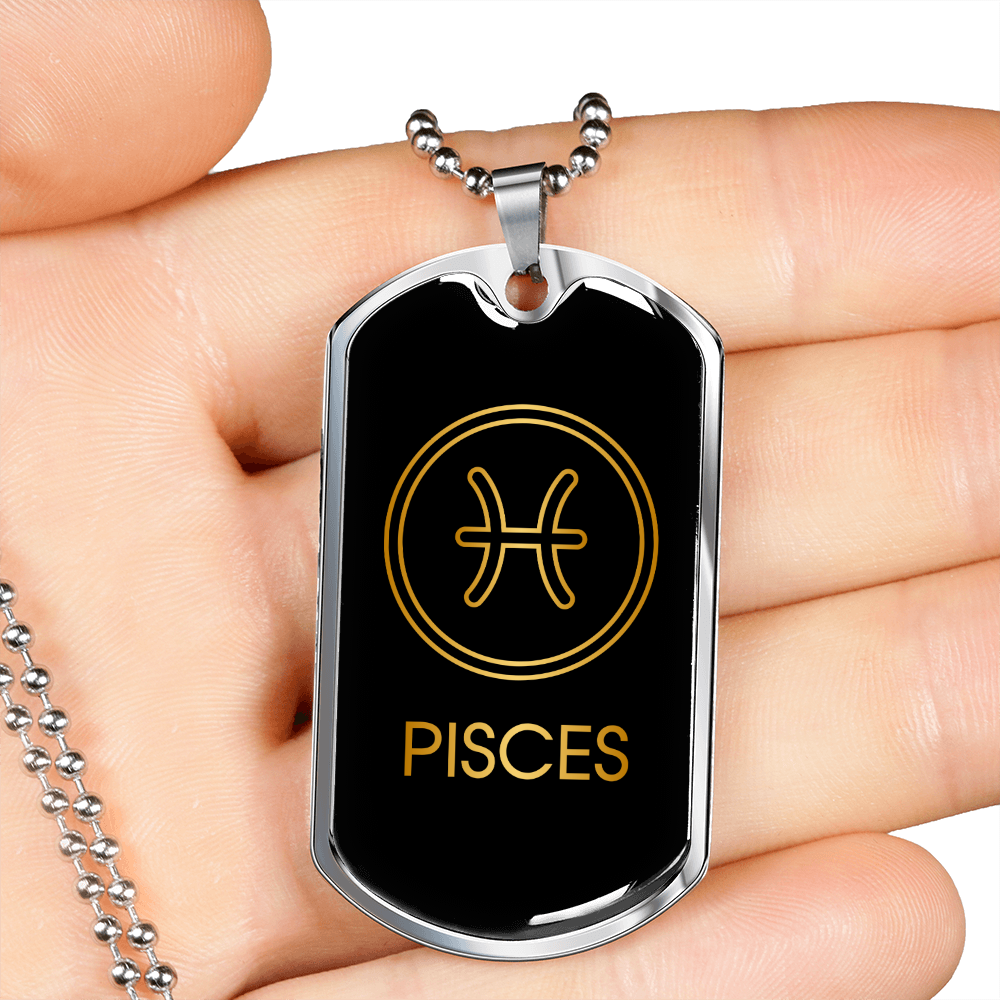 Pisces Zodiac Necklace Stainless Steel or 18k Gold Dog Tag 24" Chain-Express Your Love Gifts