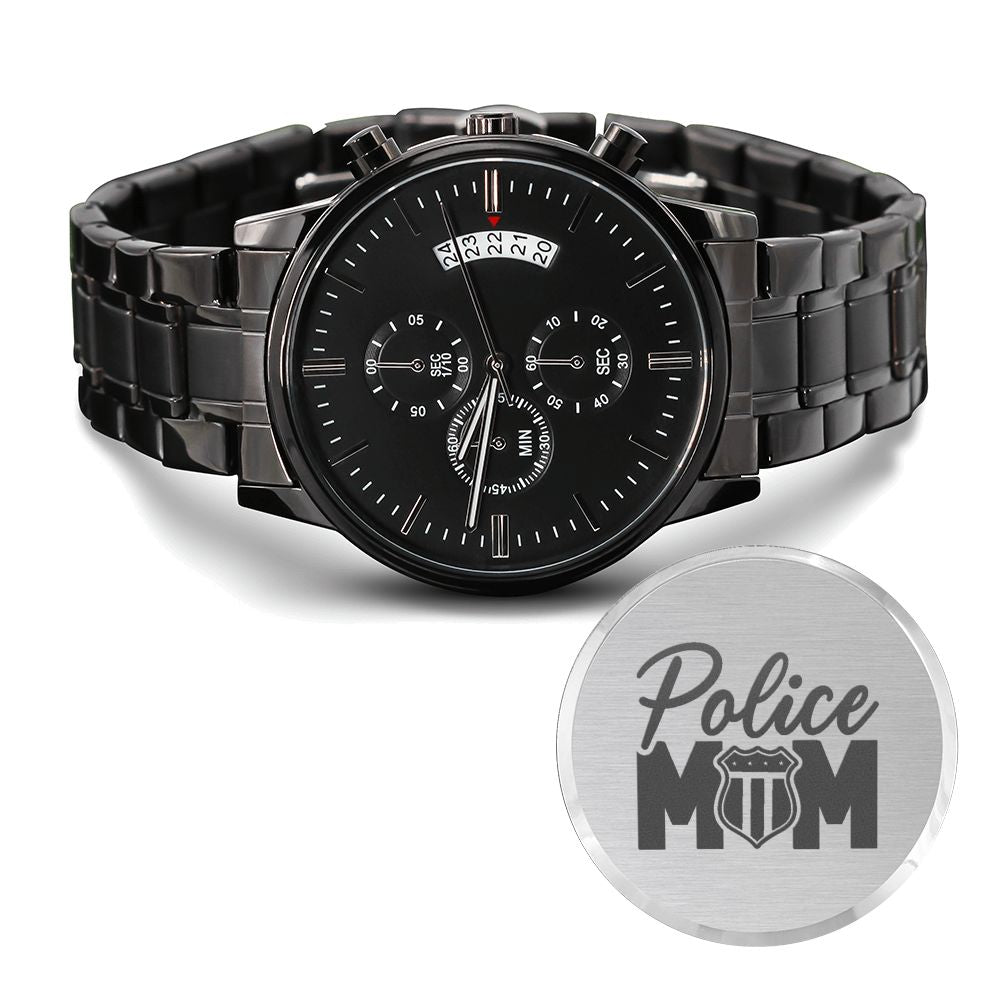 Police Mom Badge Engraved Multifunction Policeman Men&#39;s Watch Stainless Steel W Copper Dial-Express Your Love Gifts
