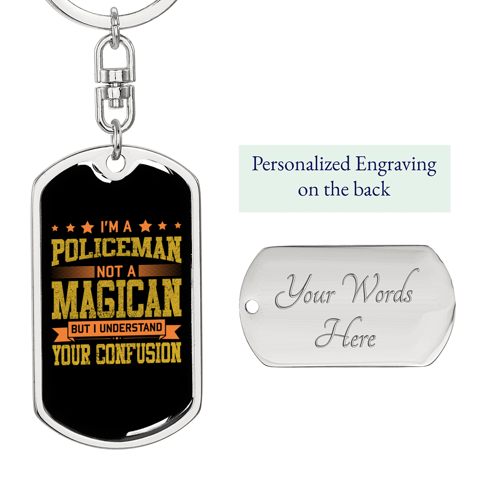 Policeman Magician Keychain Stainless Steel or 18k Gold Dog Tag Keyring-Express Your Love Gifts