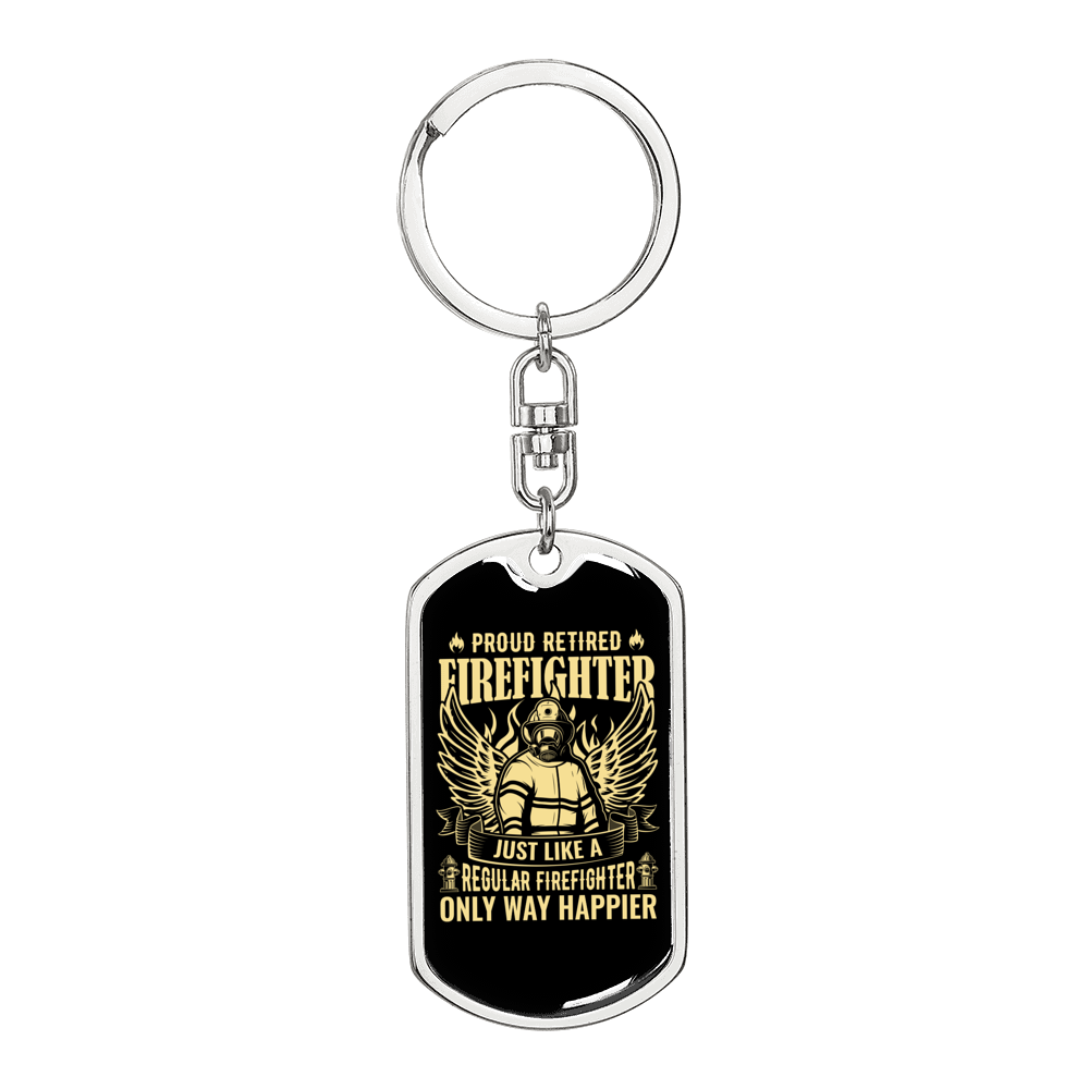 Proud Retired Firefighter Keychain Stainless Steel or 18k Gold Dog Tag Keyring-Express Your Love Gifts