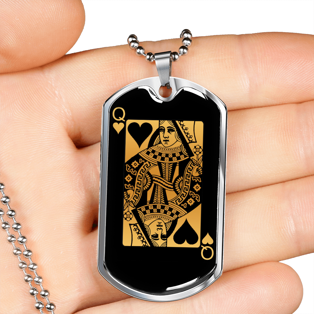 Queen of Hearts Card Gold Necklace Stainless Steel or 18k Gold Dog Tag-Express Your Love Gifts
