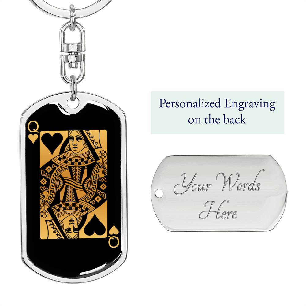 Queen of Hearts Keychain Stainless Steel or 18k Gold Dog Tag Keyring-Express Your Love Gifts