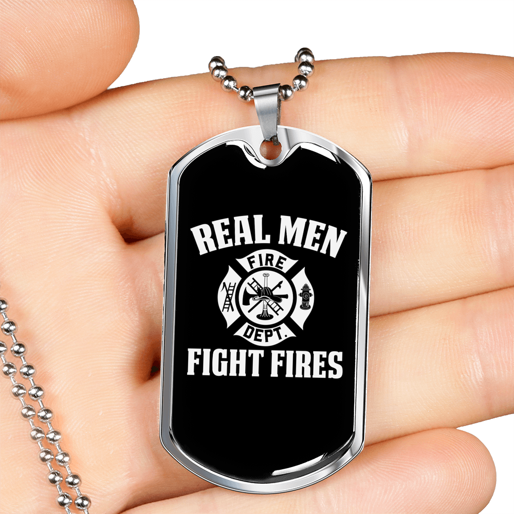 Real Men Fight Fires Necklace Stainless Steel or 18k Gold Dog Tag 24" Chain-Express Your Love Gifts