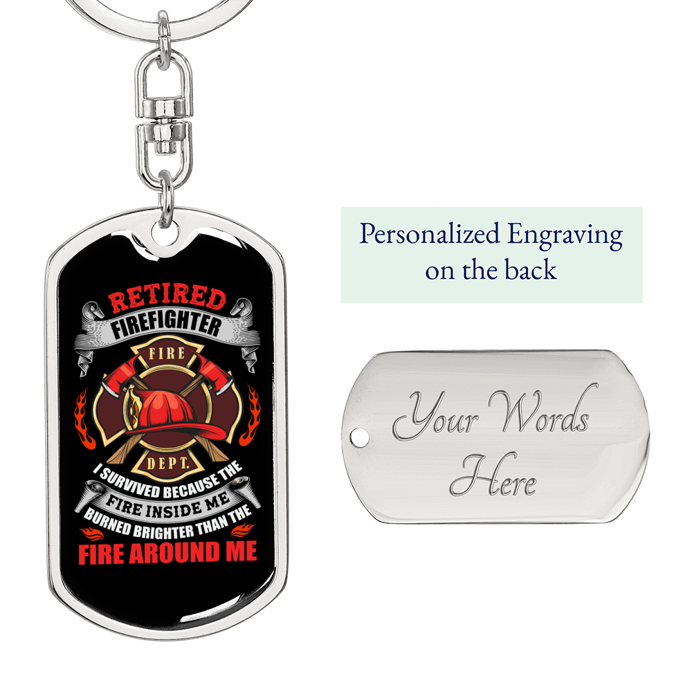 Retired Firefighter Fire Department Keychain Stainless Steel or 18k Gold Dog Tag Keyring-Express Your Love Gifts