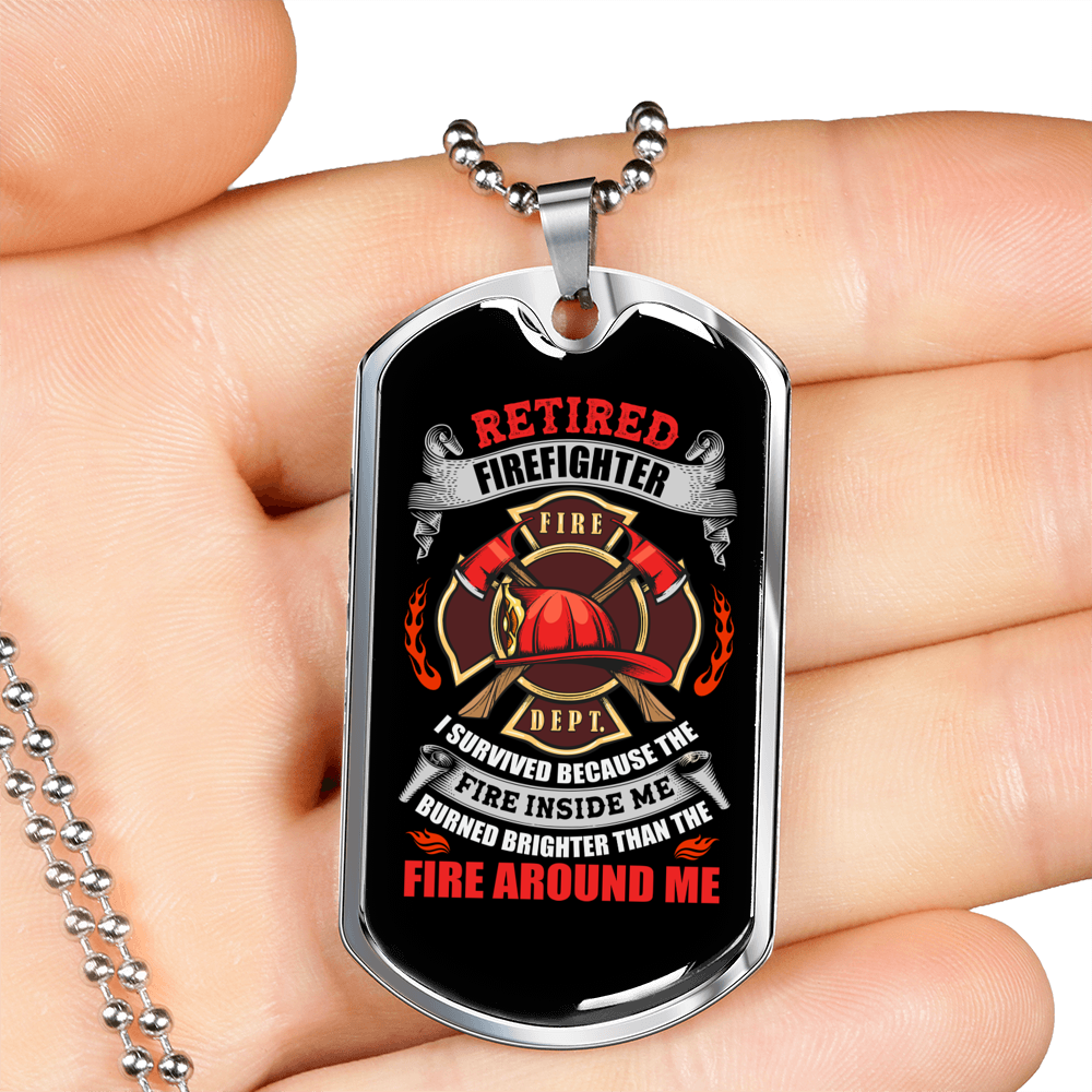 Retired Firefighter Burn Brighter Necklace Stainless Steel or 18k Gold Dog Tag 24" Chain-Express Your Love Gifts