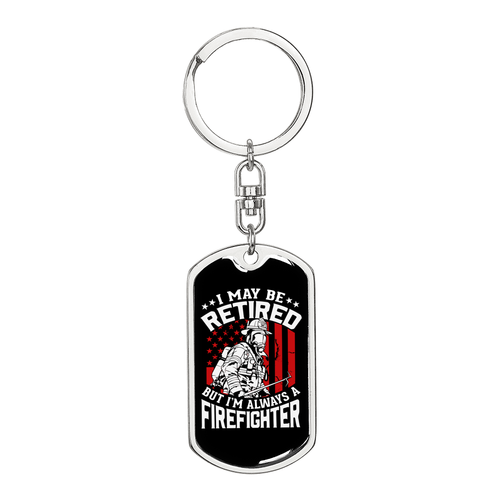 Retired Firefighter Keychain Stainless Steel or 18k Gold Dog Tag Keyring-Express Your Love Gifts
