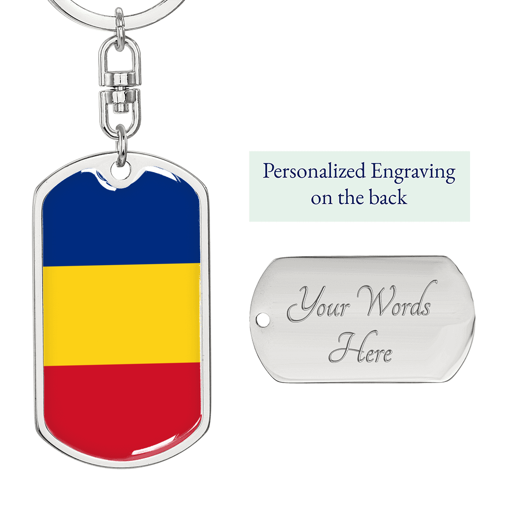 Romania Flag Swivel Keychain Dog Tag Stainless Steel or 18k Gold-Express Your Love Gifts