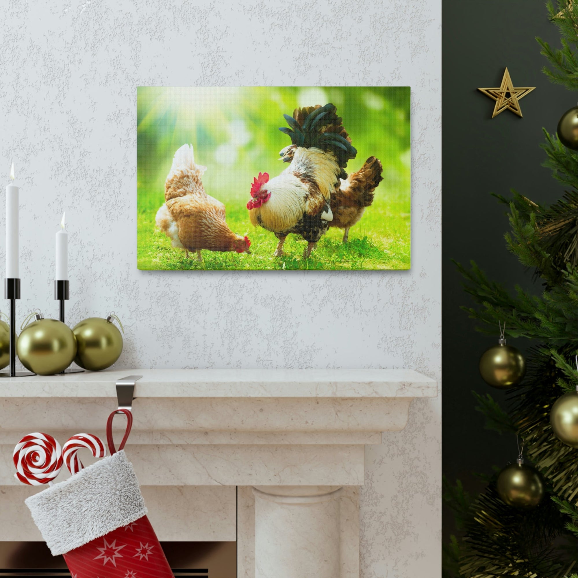 Scripture Walls Rooster and Chicken Hunting for Food Print Animal Wall Art Wildlife Canvas Prints Wall Art Ready to Hang Unframed-Express Your Love Gifts