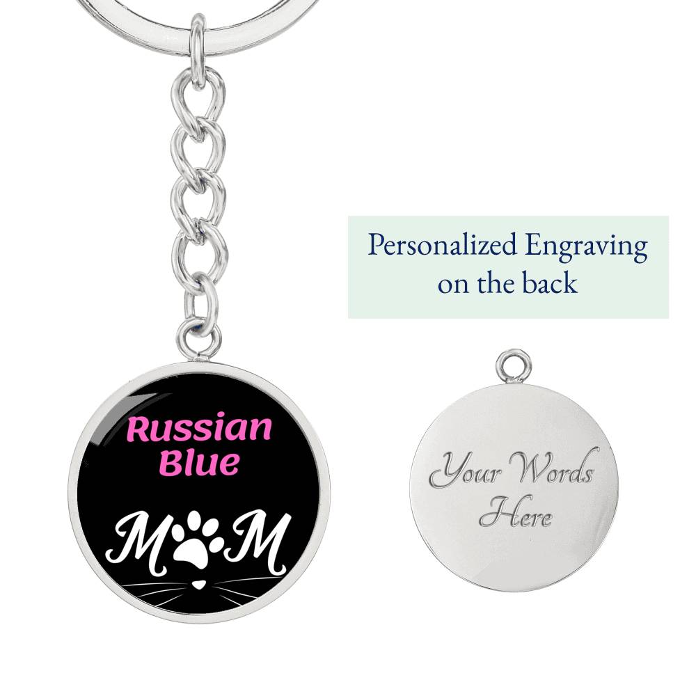 Russian Blue Cat Mom Keychain Stainless Steel or 18k Gold Circle Pendant-Express Your Love Gifts