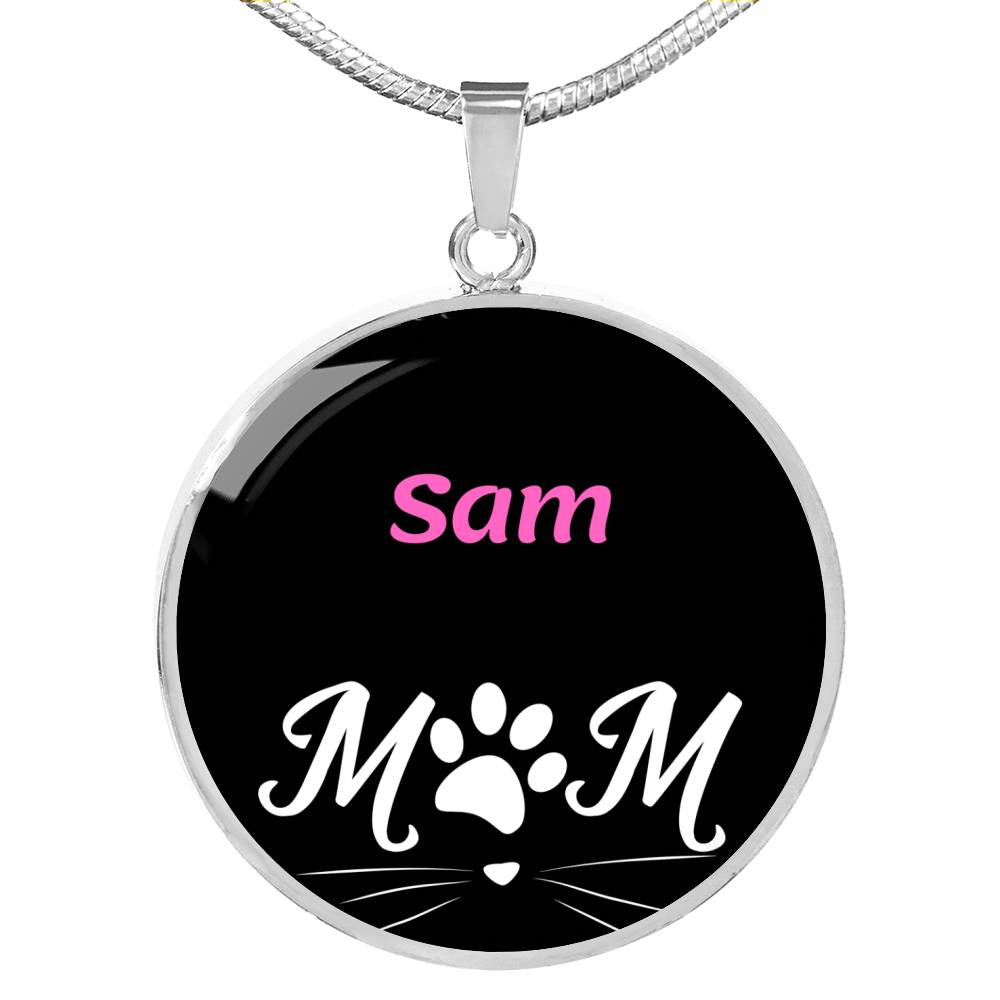 Sam Cat Mom Necklace Circle Pendant Stainless Steel or 18k Gold 18-22"-Express Your Love Gifts