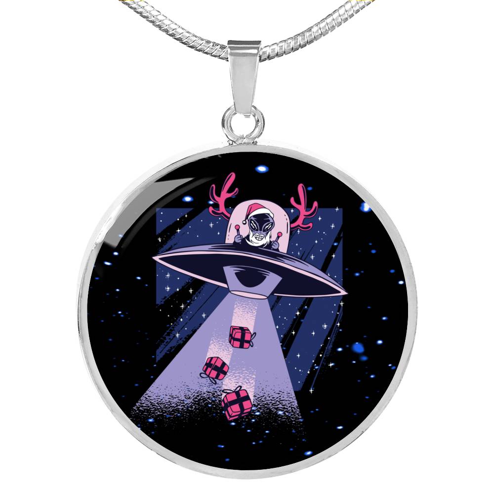 Santa Alien Circle Pendant UFO Alien Fan Necklace Stainless Steel or 18k Gold 18-22"-Express Your Love Gifts