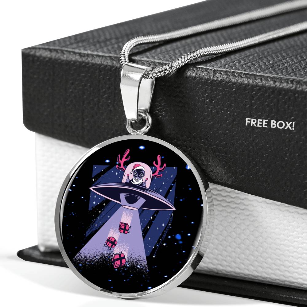 Santa Alien Circle Pendant UFO Alien Fan Necklace Stainless Steel or 18k Gold 18-22"-Express Your Love Gifts