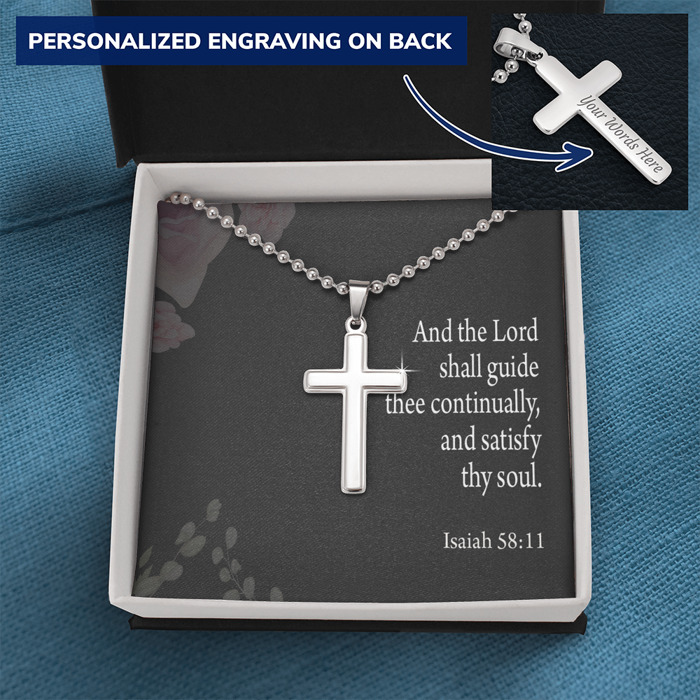 Satisfy Thy Soul Isaiah 58:11 Cross Necklace Message Card W Ball Chain Pendant-Express Your Love Gifts