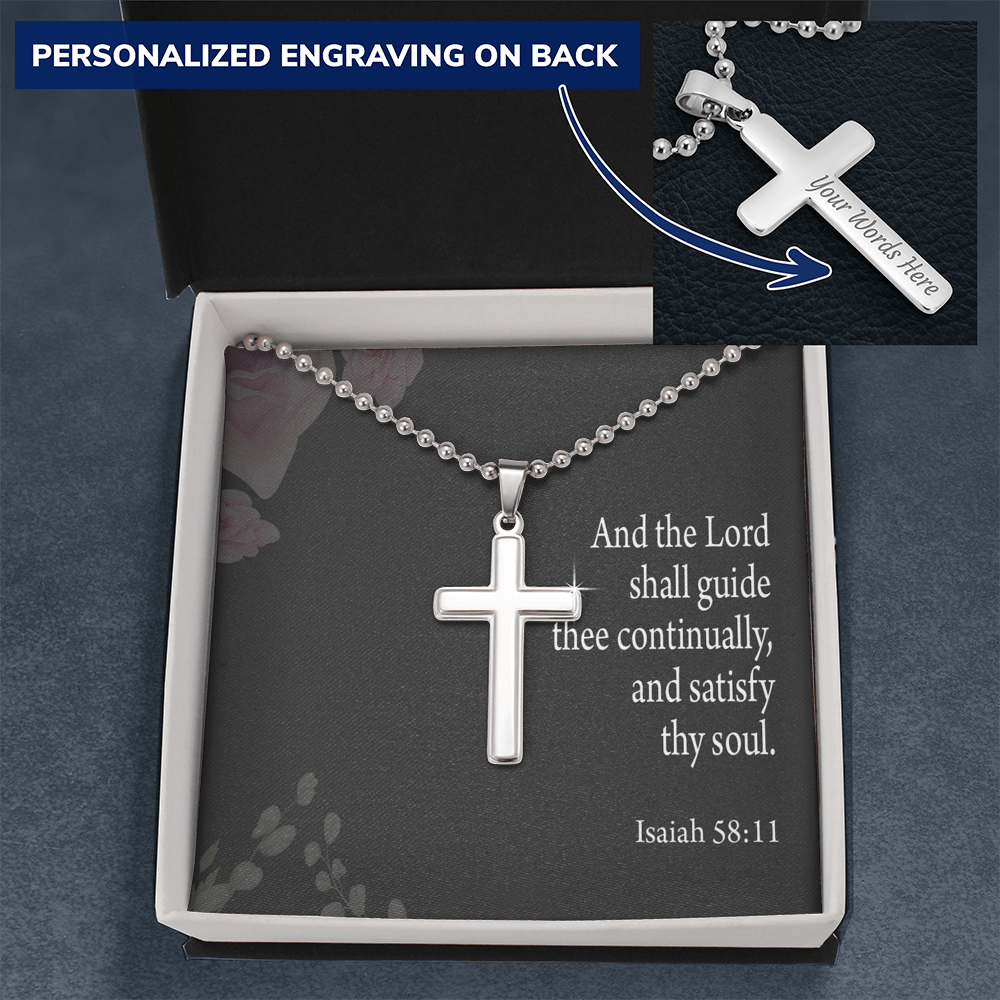 Satisfy Thy Soul Isaiah 58:11 Cross Necklace Message Card W Ball Chain Pendant-Express Your Love Gifts