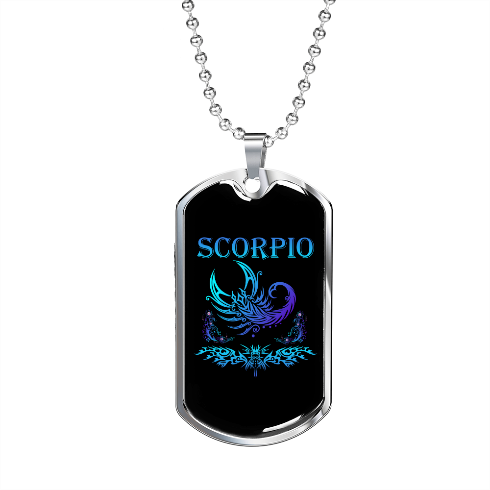 Scorpio Blue Scorpion Zodiac Necklace Stainless Steel or 18k Gold Dog Tag 24" Chain-Express Your Love Gifts
