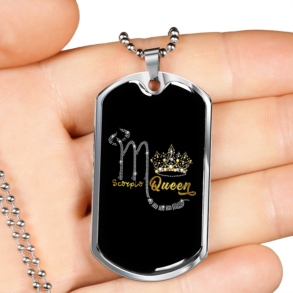 Scorpio Queen Crown Zodiac Necklace Stainless Steel or 18k Gold Dog Tag 24" Chain-Express Your Love Gifts