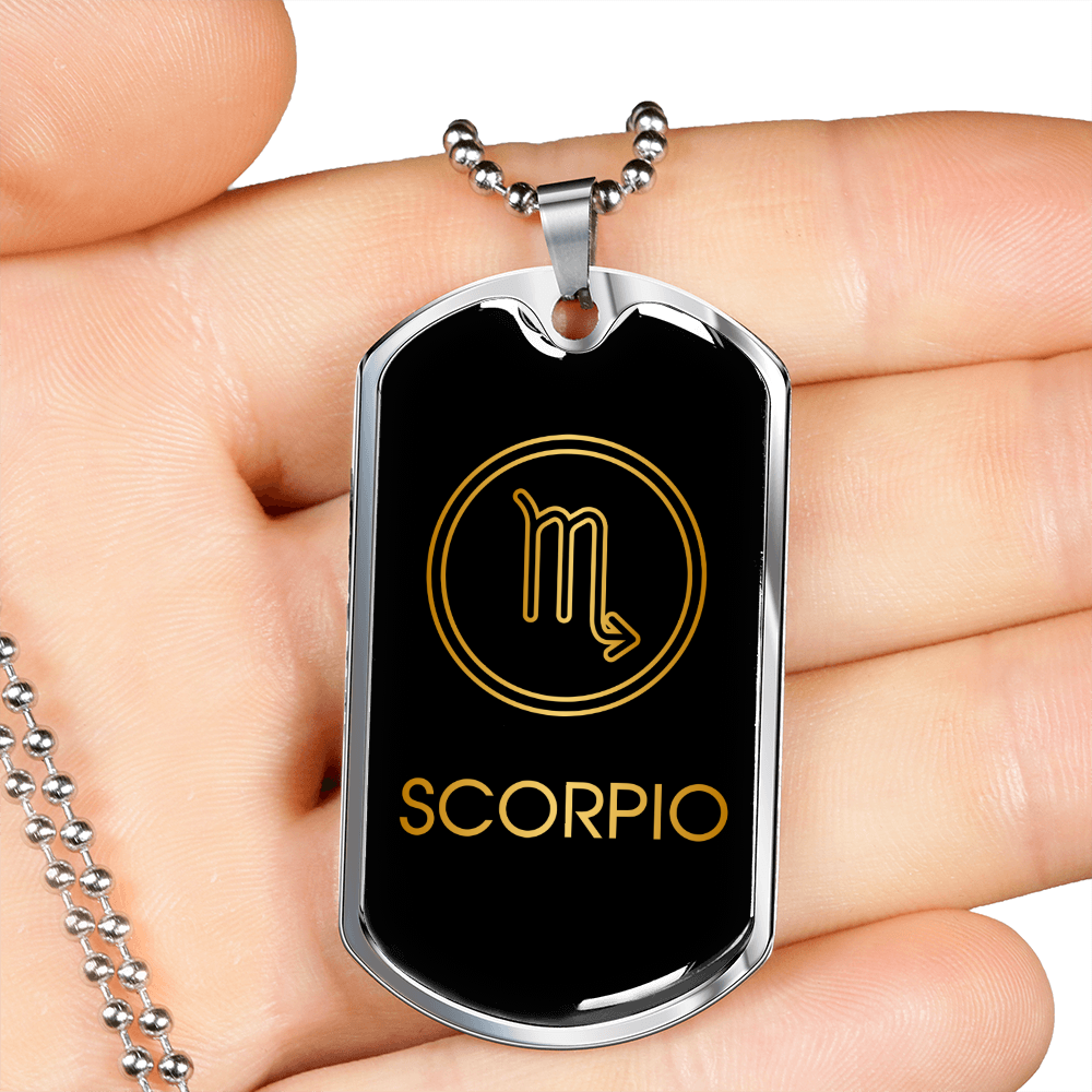 Scorpio Zodiac Necklace Stainless Steel or 18k Gold Dog Tag 24" Chain-Express Your Love Gifts