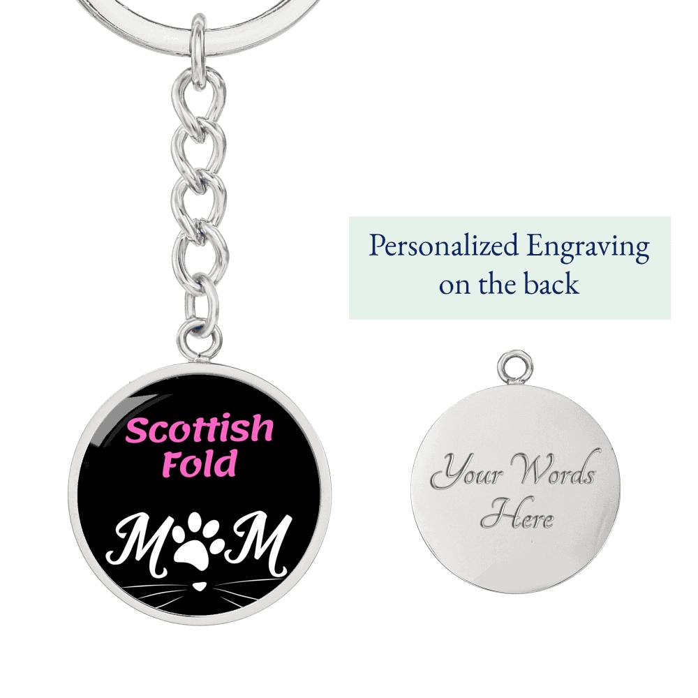 Scottish Fold Cat Mom Keychain Stainless Steel or 18k Gold Circle Pendant-Express Your Love Gifts