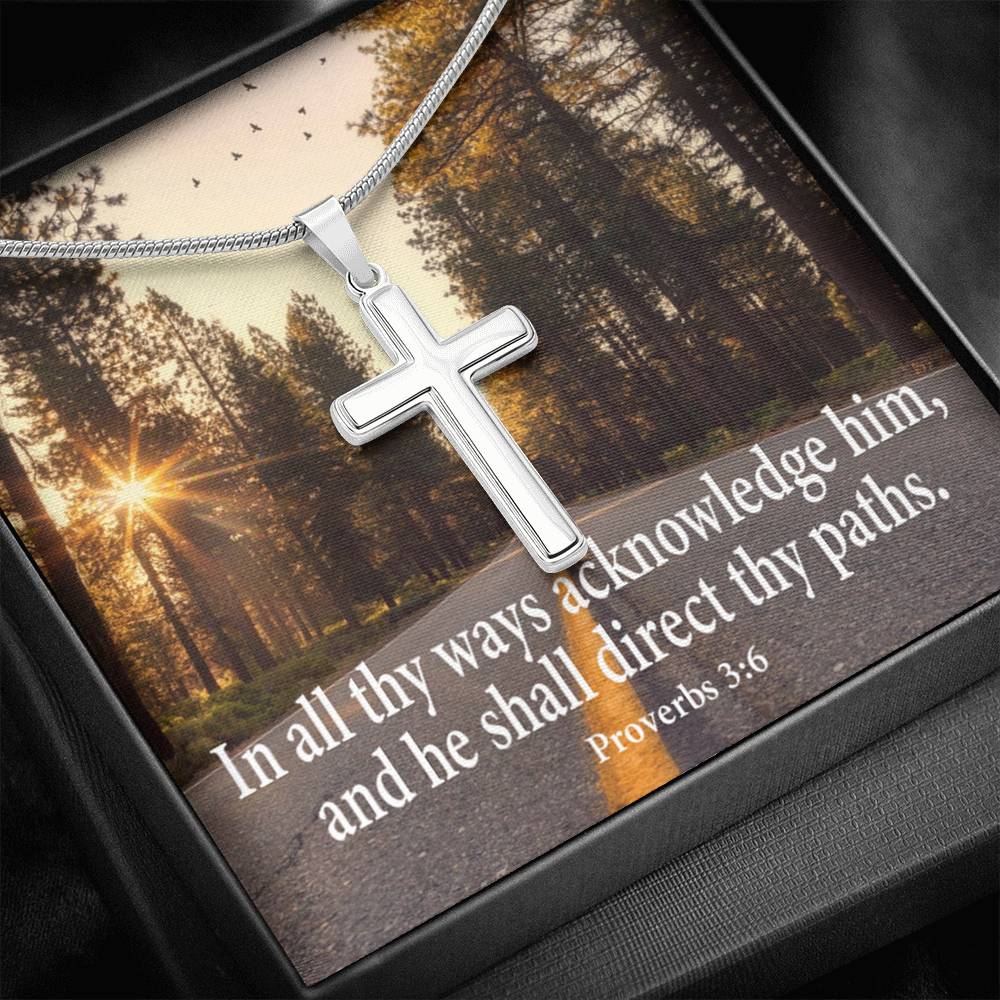 Scripture Card Acknowledge Him Proverbs 3:6 Cross Card Necklace w Stainless Steel Pendant-Express Your Love Gifts