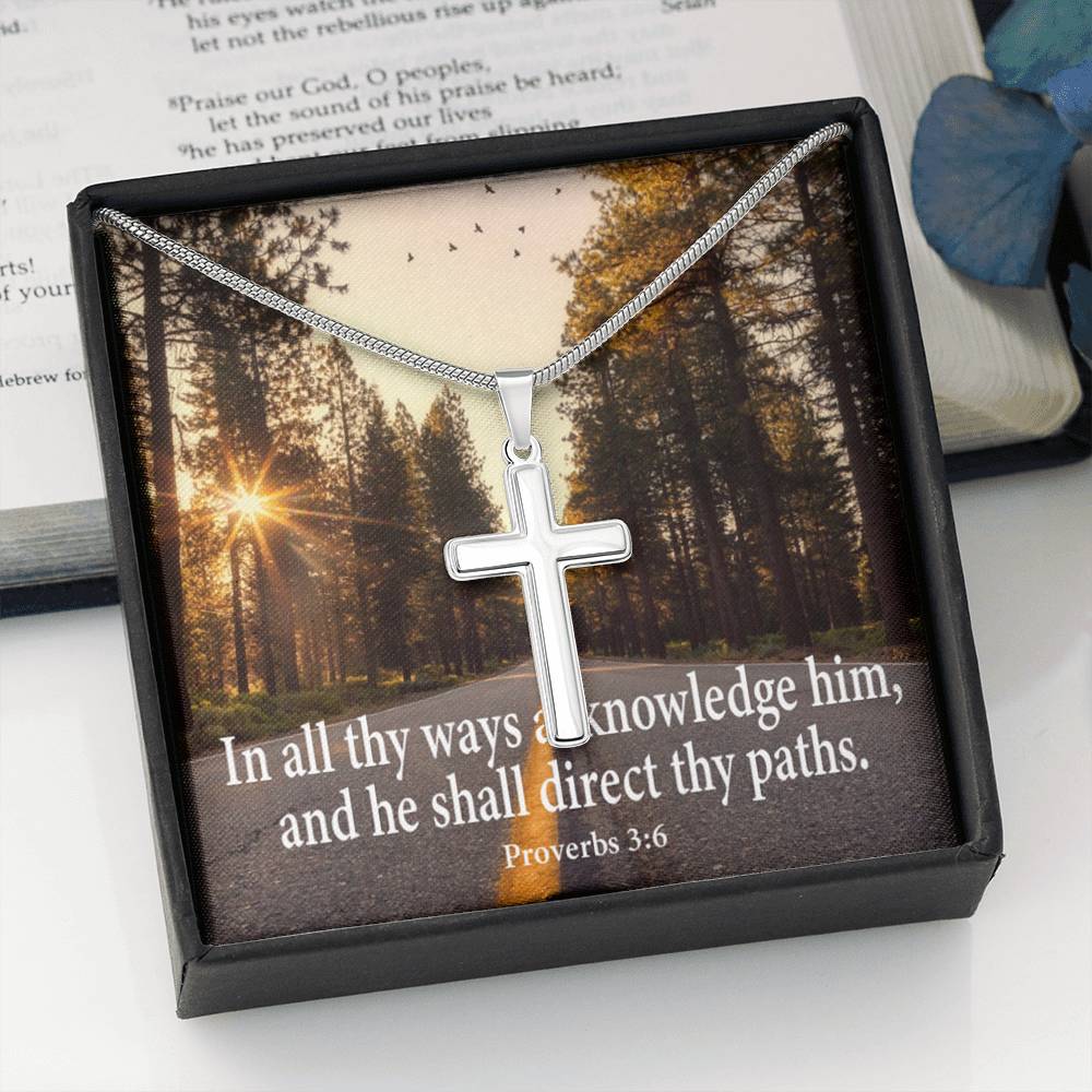 Scripture Card Acknowledge Him Proverbs 3:6 Cross Card Necklace w Stainless Steel Pendant-Express Your Love Gifts